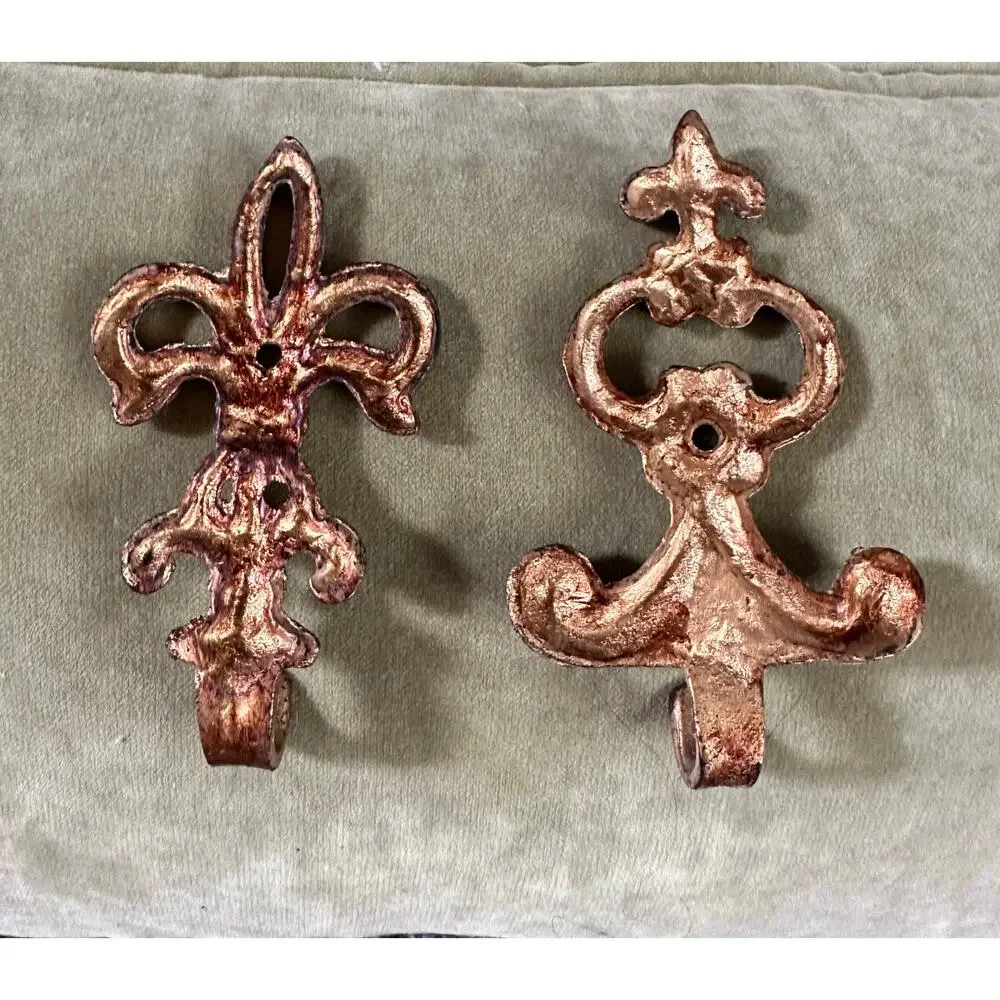 Vintage Wall Hooks, French style Decor gold metal ornate set of 2, 5x3”